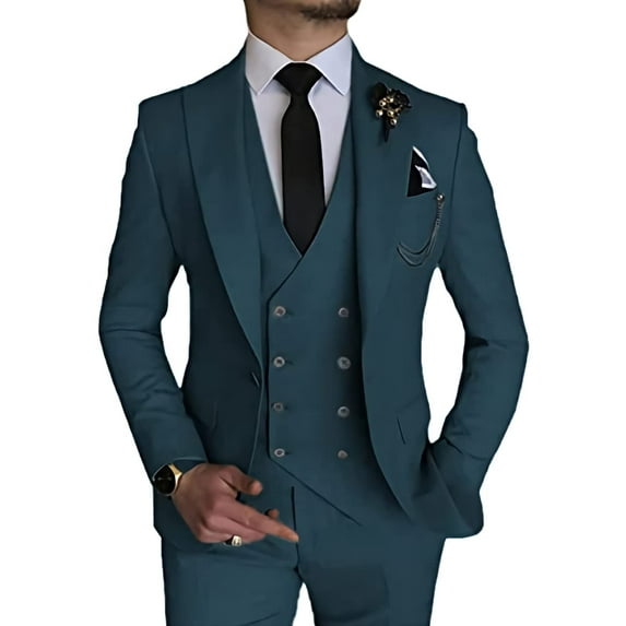 Linen Suit for Men Casual Slim Fit Vintage Suits Groomsmen Suits Wedding Summer Beach Blazer Pants Set Teal XL