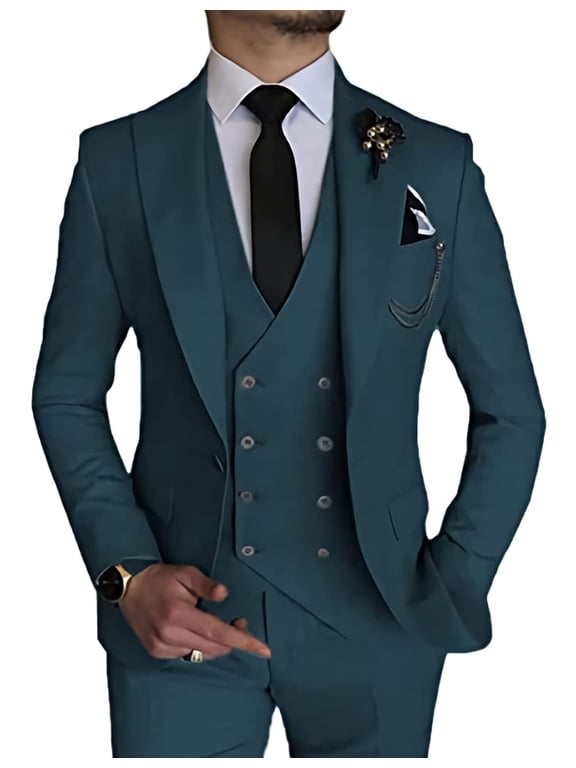 Linen Suit for Men Casual Slim Fit Vintage Suits Groomsmen Suits Wedding Summer Beach Blazer Pants Set Teal XL