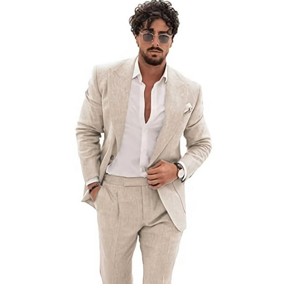 Linen Suits for Men Casual Wedding Suits Men 2 Piece Suits Groomsmen Tuxedos Summer Beach Prom Set Beige 6XL