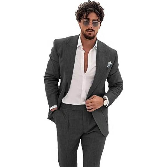 Linen Suits for Men Casual Wedding Suits Men 2 Piece Suits Groomsmen Tuxedos Summer Beach Prom Set Black L