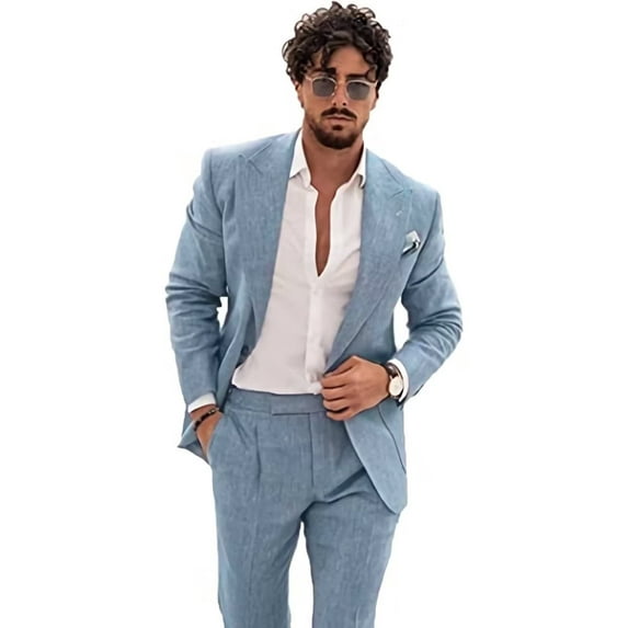 Linen Suits for Men Casual Wedding Suits Men 2 Piece Suits Groomsmen Tuxedos Summer Beach Prom Set Dusty Blue 6XL