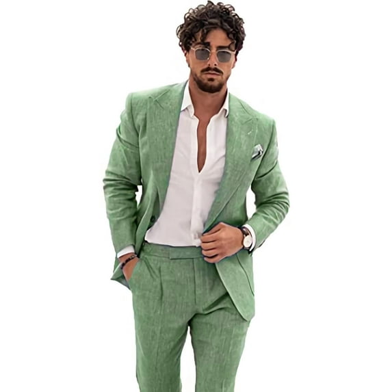 Linen Suits for Men Casual Wedding Suits Men 2 Piece Suits Groomsmen Tuxedos Summer Beach Prom Set Sage Green 6XL