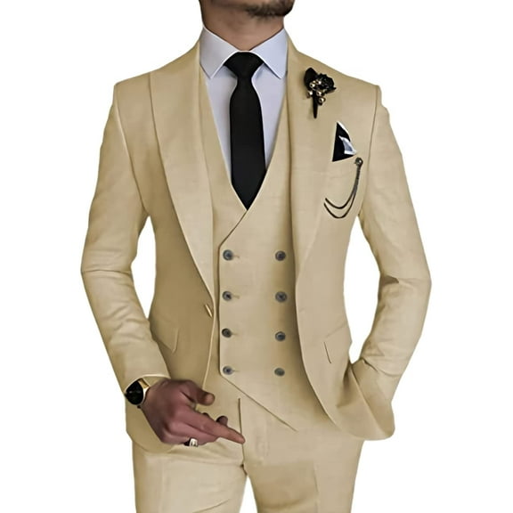 Linen Suits for Men Casual Wedding Suits Men 3 Piece Suits Groomsmen Tuxedos Summer Beach Prom Set Champagne L