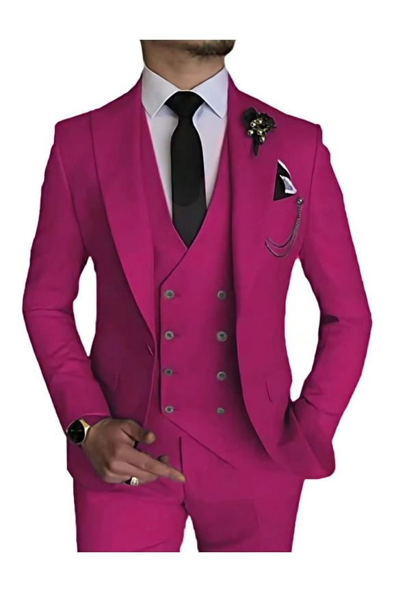 Linen Suits for Men Casual Wedding Suits Men 3 Piece Suits Groomsmen Tuxedos Summer Beach Prom Set Fuchsia L