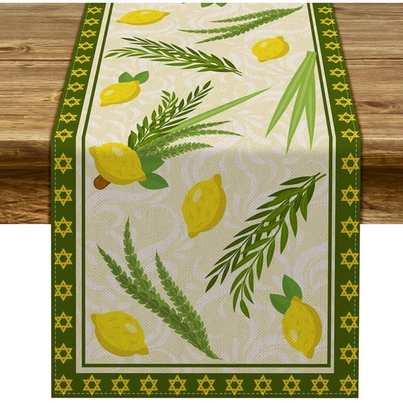 Linen Sukkot Table Runner Jewish Sukkah Table Decoration Etrog Lulav Kitchen Dining Room Party Decor 13.8x71 Inch