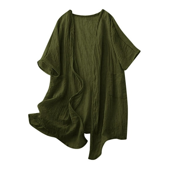 Linen Summer Cardigans Womens Mid-Length Lightweight Open Front Beach Cover Ups Pockets Short Sleeve Cardigan Coverups (M, Army Green)