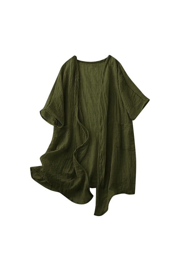 Linen Summer Cardigans Womens Mid-Length Lightweight Open Front Beach Cover Ups Pockets Short Sleeve Cardigan Coverups (XL, Army Green)