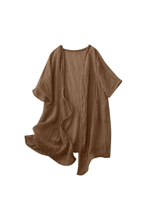 Linen Summer Cardigans Womens Mid-Length Lightweight Open Front Beach Cover Ups Pockets Short Sleeve Cardigan Coverups (XL, Brown)