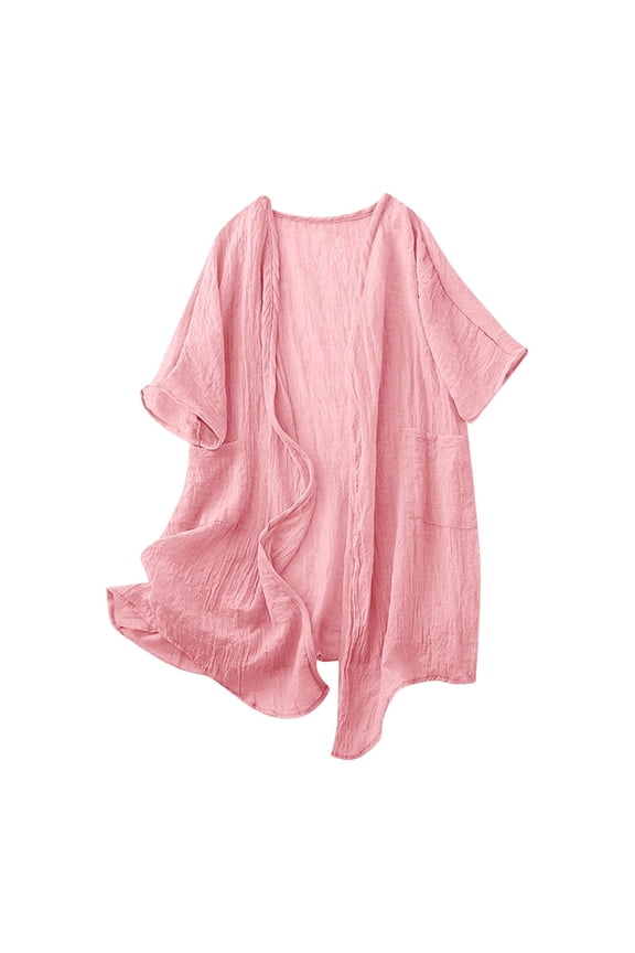 Linen Summer Cardigans Womens Mid-Length Lightweight Open Front Beach Cover Ups Pockets Short Sleeve Cardigan Coverups (XL, Pink)