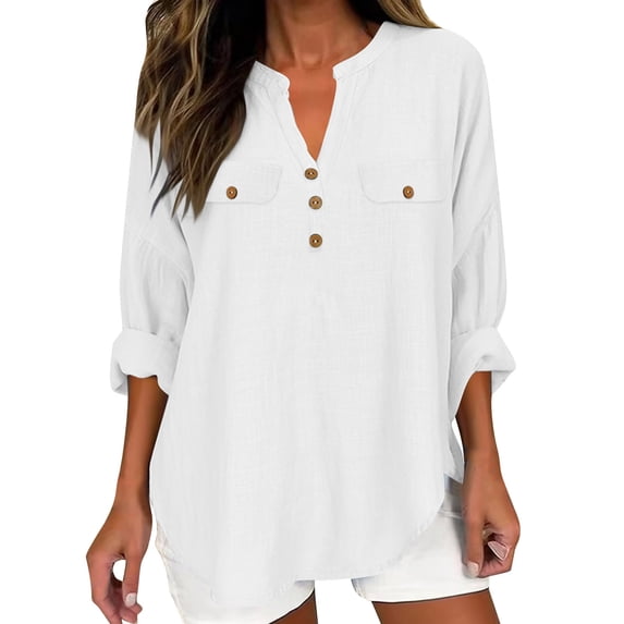 Linen Summer Shirts for Women Roll-Up Long Sleeve Curved Hem Tunic Tops Casual V Neck Plain Tshirts Loose Fit (2XL, White)