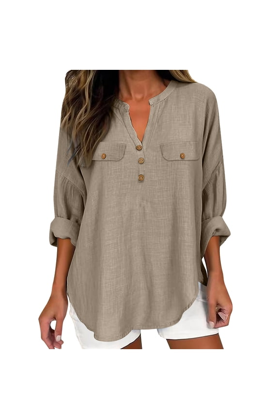 Linen Summer Shirts for Women Roll-Up Long Sleeve Curved Hem Tunic Tops Casual V Neck Plain Tshirts Loose Fit (XL, Khaki)