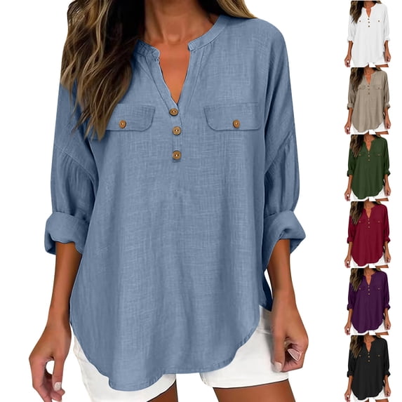 Linen Summer Shirts for Women Roll-Up Long Sleeve Curved Hem Tunic Tops Casual V Neck Plain Tshirts Loose Fit (XL, Light Blue)