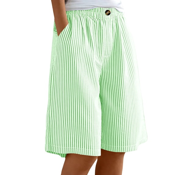 Linen Summer Shorts for Women with Pockets Plaid/Striped Plus Size Casual Beach Wide Leg Long Shorts (3XL, Mint Green|Striped)