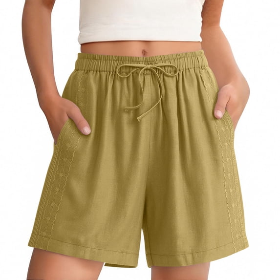Linen Summer Shorts for Women with Pockets Side Textured Drawstring Elastic Waist Lounge Beach Boho Shorts (3XL, Yellow)
