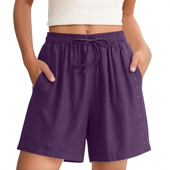 Linen Summer Shorts for Women with Pockets Side Textured Drawstring Elastic Waist Lounge Beach Boho Shorts (M, Purple)