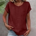 thumbnail image 1 of Linen T-Shirt for Women Crewneck Rolled Short Sleeve Casual Basic Fashion Loose Fit Single Chest Pocket Soft Cotton Blend Breathable Summer Daily Tee Top, 1 of 4