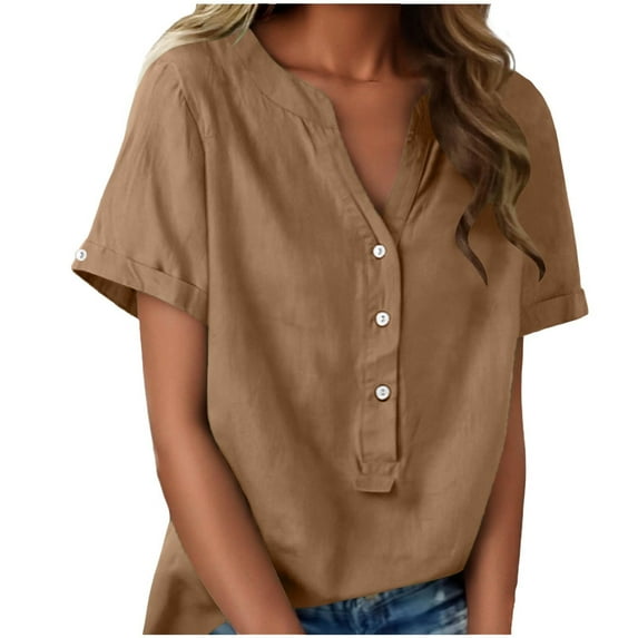 Linen T-Shirt for Women Short Sleeve V-Neck Button Half-Open Tops Summer Solid Color Casual Tees