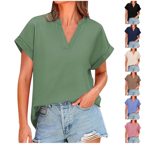 Linen T-Shirt for Women Summer Short Sleeve V Neck Shirts Casual Loose Cotton Blouse Plain Work Tee Top Lagenlook Tunic Blouses Pullover Top
