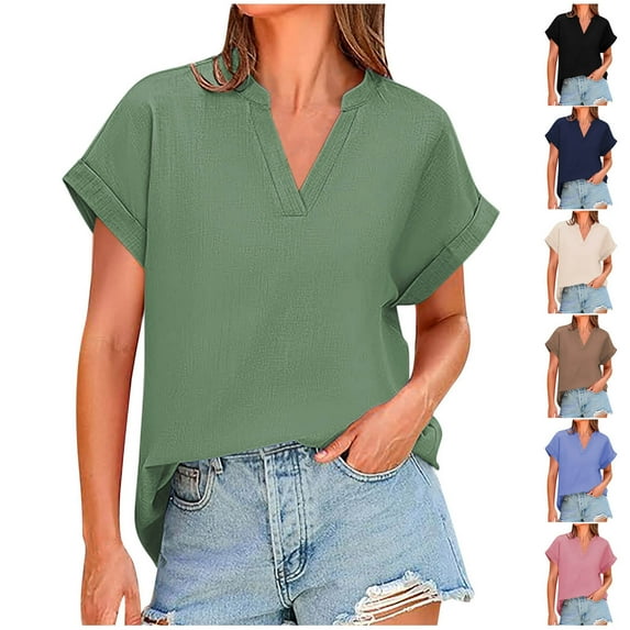 Linen T-Shirt for Women Summer Short Sleeve V Neck Shirts Casual Loose Cotton Blouse Plain Work Tee Top Lagenlook Tunic Blouses Pullover Top