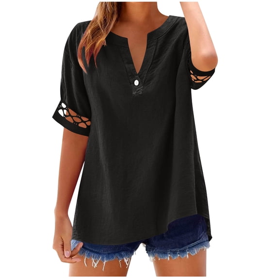 Linen T-Shirts Women Fashion Button V-Neck Short Sleeve Tees Shirts Female Hollow Out Lace Sleeves Pullover Tops