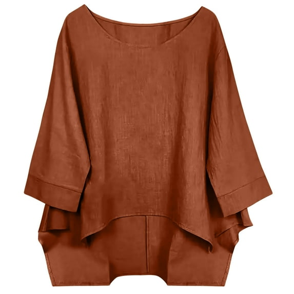 Women Linen Shirts, Oversized 3/4 Length Sleeve Pullover Tops Female Fashion High-Low Plus Size T-Shirt