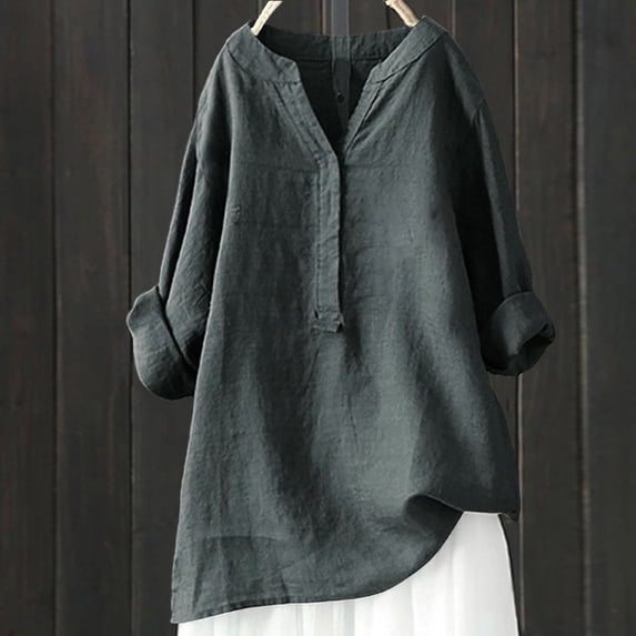 Linen T Shirts For Women Peasant Blouse Womens Gauze Tops Gauze Shirts V Neck Button Down Blouse Womens Summer Tops Peasant Tops For Women Long Sleeve Henley Tops Cotton Boho Tops Dark Gray2 L