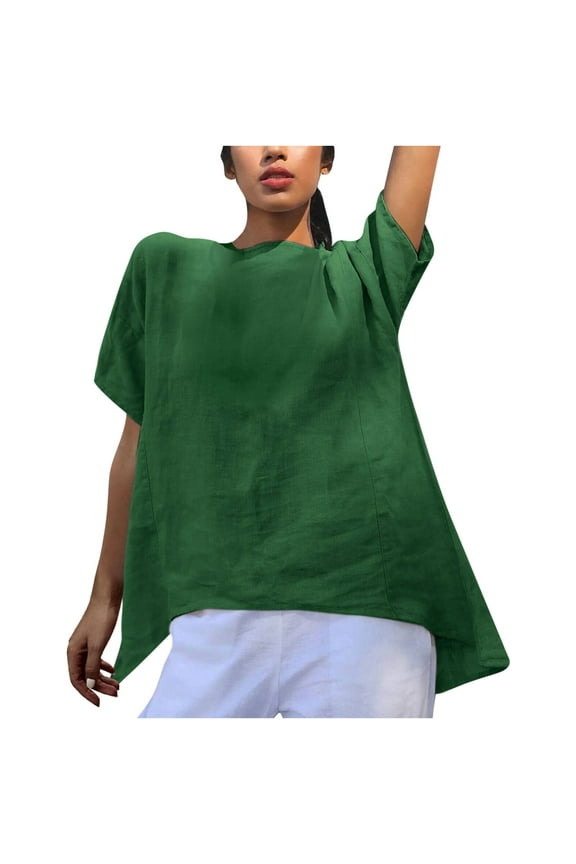 Linen T Shirts for Women Plus Size 3/4 Length Sleeve Tops Casual Loose Fit Round Neck Tees Irregular Hem Summer Blouses Deal of The Prime of Day Today Mother's Day