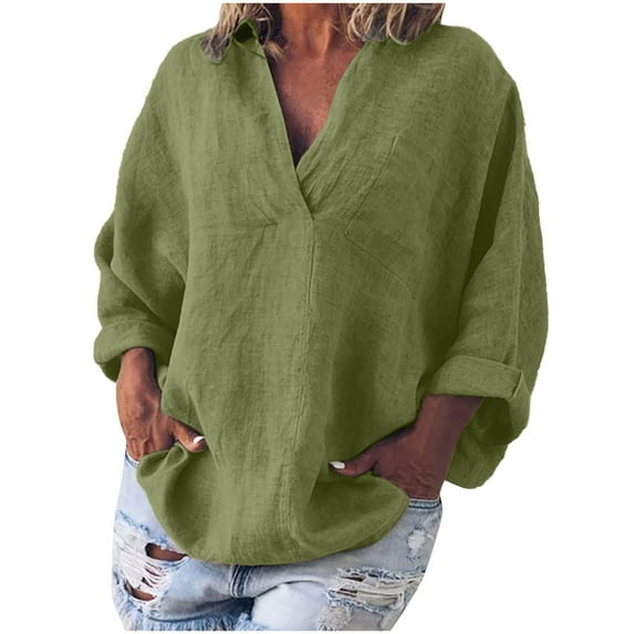 Linen T Shirts for Women , Women Casual Roll Up Long Sleeve Tops V Neck Cotton Linen Tshirt Lagenlook Blouses Loose Oversized Tees Shirt Office Work Going Out Tunic Top