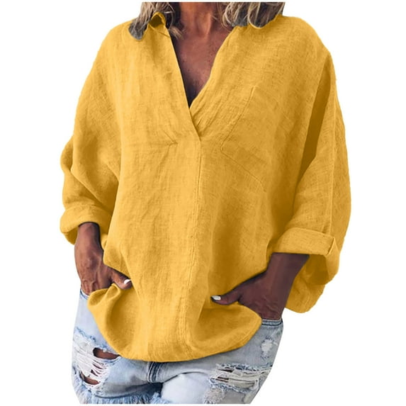Linen T Shirts for Women , Women Casual Roll Up Long Sleeve Tops V Neck Cotton Linen Tshirt Lagenlook Blouses Loose Oversized Tees Shirt Office Work Going Out Tunic Top