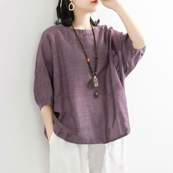 Linen T Shirts For Women Summer Blouses For Women Boho Peasant Gauze Blouses Loose Fit Tee Shirt Women Summer Linen Tops Lightweight Linen Blouses For Women Gauze Shirts For Women Purple 3XL