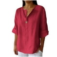 thumbnail image 1 of Linen T-Shirts for Womens,Women'S 3/4 Length Sleeve Womens Tops Henley Neck Tunic Blouses Front Button Tunic Tops Relaxed Fit Tees Shirts Beach Holiday Clothes, 1 of 6