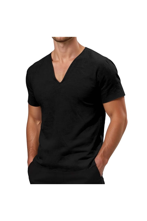 Linen T Shirts for Man Summer Lightweight Breathable Short Sleeve Deep V Neck Relaxed Fit Plain Tshirts Mens Tees