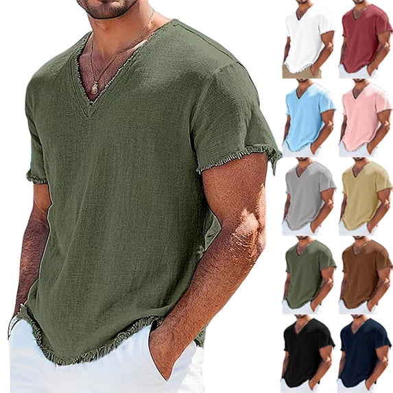 Linen T Shirts for Men Lightweight Breathable Short Sleeve V Neck T-Shirts Vintage Loose Fit Summer Casual Beach Tee Tops, 3XL