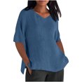 thumbnail image 1 of Linen T Shirts for Women Summer Ladies Tops Oversized Tshirts Crew Neck Short Sleeve Basic Tee Blue S, 1 of 5