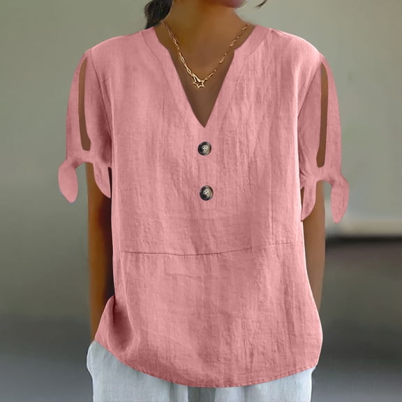 Linen T Shirts for Women Tunic Tops Fashion Baggy Solid Plain Casual Shirts Trendy Blouse Pink XL