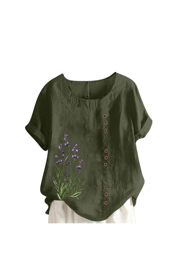 Linen T-Shirts for Women Vintage Floral Graphic Short Sleeve Tops Round Neck Casual Loose T Shirts Summer Outfits 2025 Fashion