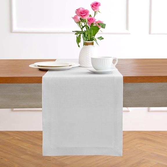 Linen Table Runner 108 Inches Long - 100% Pure Linen Silver Cloud Dining Table Runner 14 x 108 Inch for Winter, Mothers Day - Fete