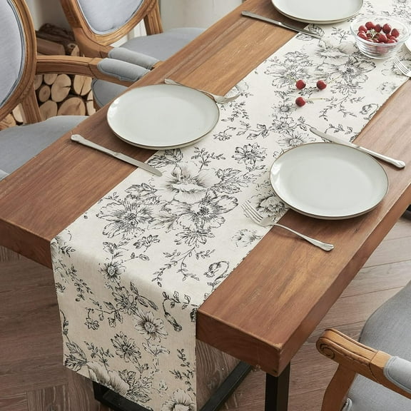 Linen Table Runner Floral Print Kitchen Table Runner 72 Inches Long Peonies Botanical Decorative Table Runner Farmhouse Rustic Coffee Table Decor for Dresser Dining Room 1 Panel Black on Beige