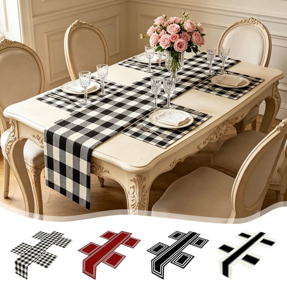 Linen Table Runner and Placemat Combo Set Coordinated Woven Fabric Dining Table Protector Kit for Kitchen Home Meals Daily Gathering, 12.99" x 72.05", AKLJWH