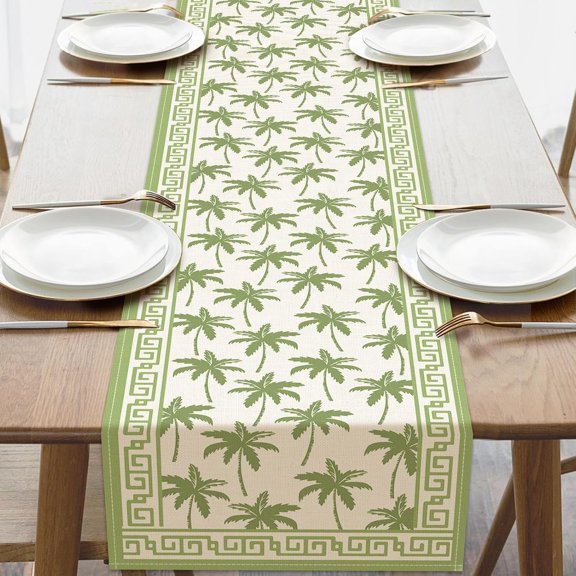 Linen Table Runner, Tropical Green Palm Tree Print Table Runner with Greek Key Geometric Border, Coastal Farmhouse Decorative Table Runner for Dining Kitchen Party Holiday 13x72 Inch