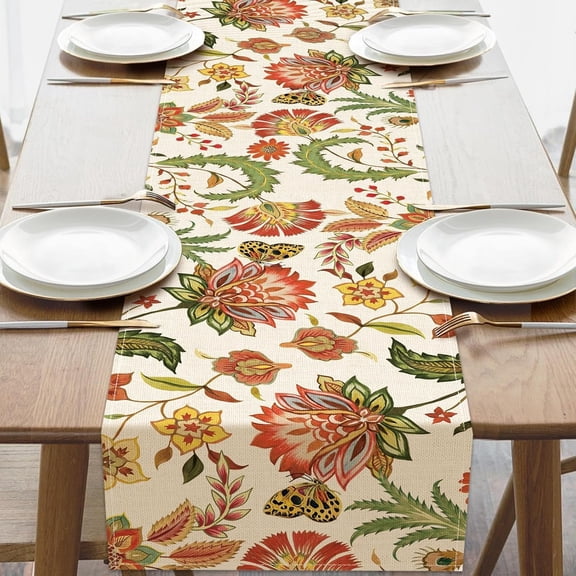 Linen Table Runner, Vintage Floral Butterfly Print Table Runner, Farmhouse Autumn Decorative Table Runner for Dining Kitchen Holiday Party 13x72 Inch