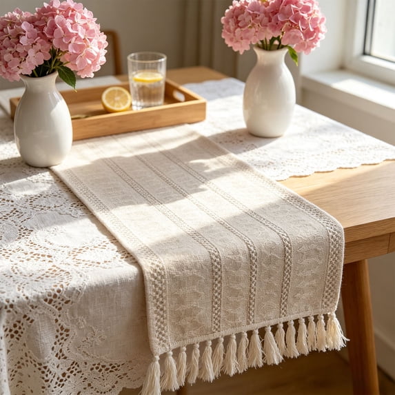 Linen Table Runner with Tassels, Boho Woven Striped Dining Table Decor, Lightweight Decorative Cloth for Christmas Party, by IHXORA