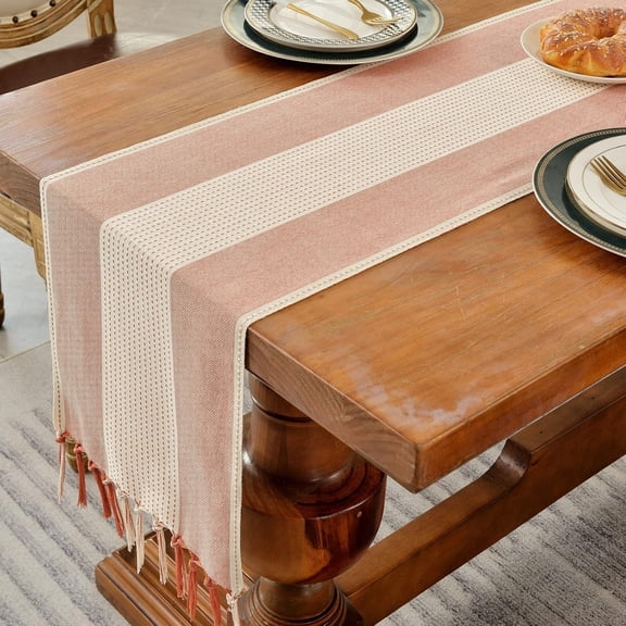 Linen Table RunnerRustic Table Runner with Tassels, Cotton Linen Farmhouse Table Decoration for Holiday Party, Wedding and Dining, 63 Inches