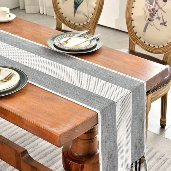 Linen Table RunnerRustic Table Runner with Tassels, Cotton Linen Farmhouse Table Decoration for Holiday Party, Wedding and Dining, 63 Inches
