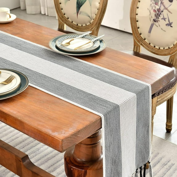 Linen Table RunnerRustic Table Runner with Tassels, Cotton Linen Farmhouse Table Decoration for Holiday Party, Wedding and Dining, 90 Inches