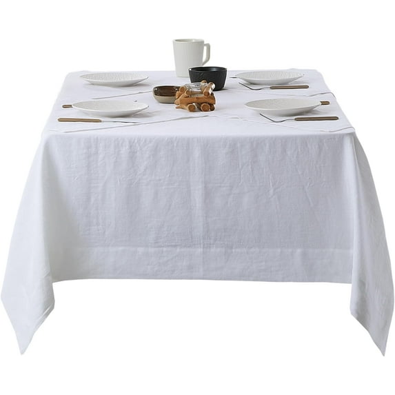 Linen Tablecloth 100% Pure Linen Table Cloth for Rectangle Tables Machine Washable Dining Fall Tablecloth with 4PCS Free 20"x 20" Linen Napkins (White, 60" x 84")