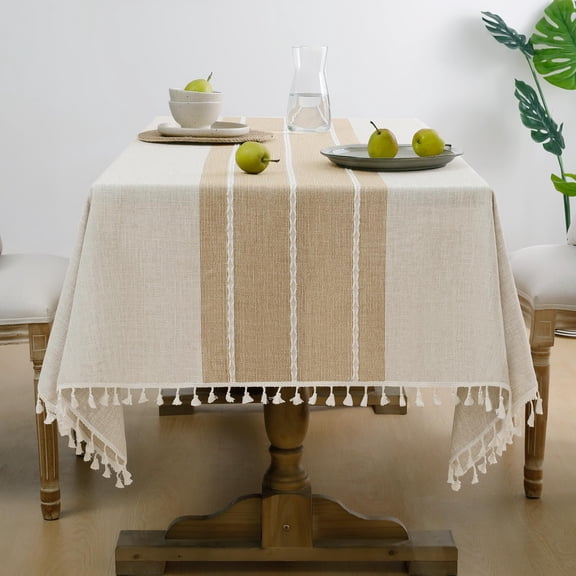 Linen Tablecloth Rectangle 55x70 Inch, Waterproof Burlap Cotton Farmhouse Table Cover with Tassel, Heavy Weight Wrinkle Free for Dining, Party, Outdoor, Indoor, Coffee Lines