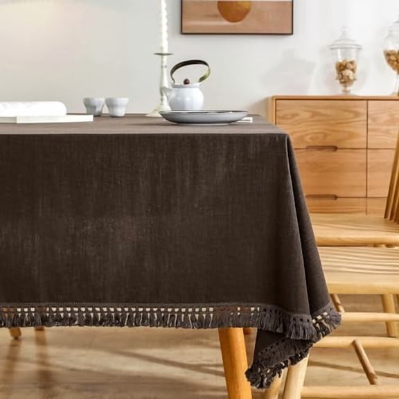 Linen Tablecloth Table Cloth Stitching Tassel Rectangle Decorative Natural Table Cover for Kitchen Dinning Wedding Buffet 55 x 55 Inch Brown