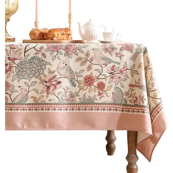 Linen Tablecloth with Birds Pattern, 55"x55" Square Table Cover for Kitchen Dining, Christmas, Party, Thanksgiving