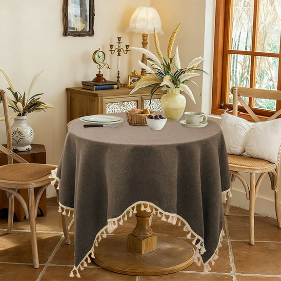 Linen Tablecloth with Tassels, Farmhouse Style Brown Tablecloth, Water Resistant Burlap Tablecloths for Round Table
